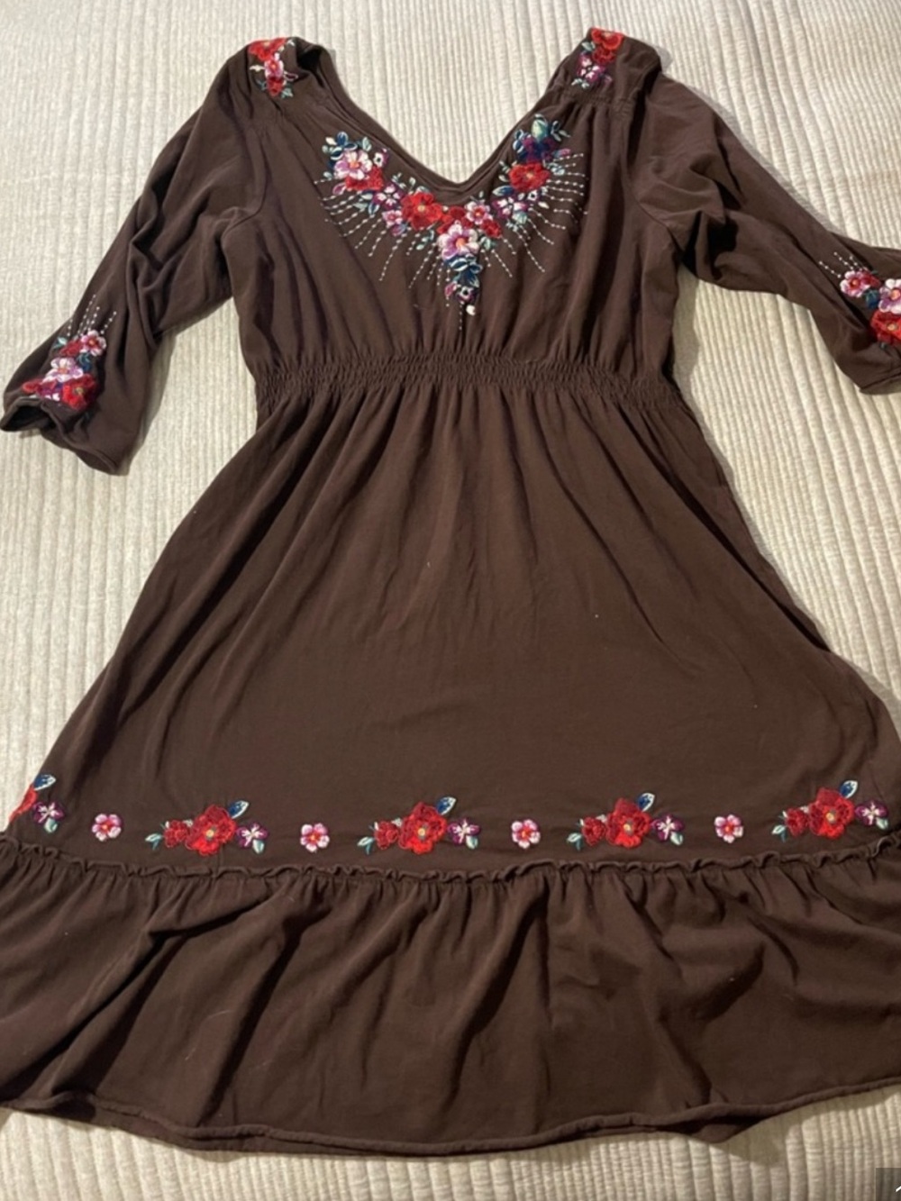 Johnny Was Chocolate Brown Floral Embroidered V-Neck Dress XL (runs small)